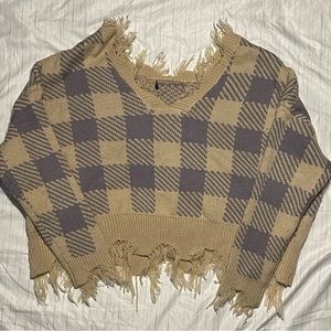 cropped beige & lavender distressed color block sweater (L)